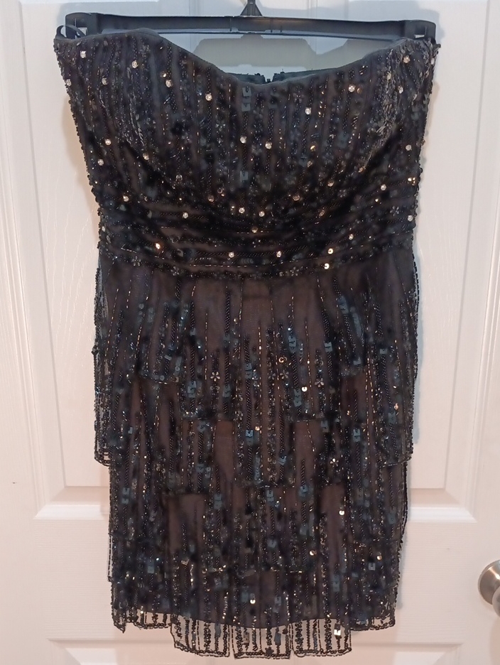 Sherri Hill Black Strapless Beaded Cocktail Dress